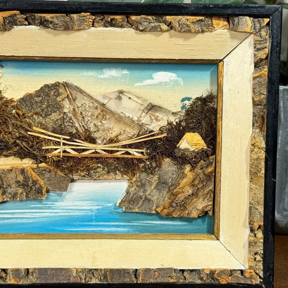 Vintage Japan Bark Art Shadow Box Mountain Lake Bridge Diorama Rustic Wall Decor